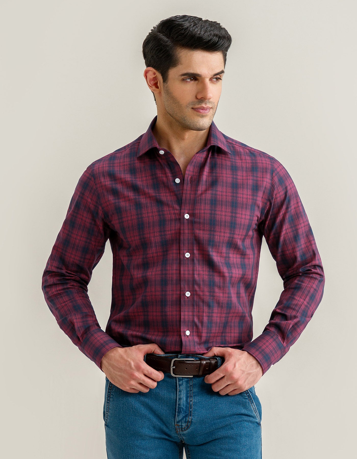 Brian Oak maroon and black check shirt
