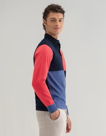 Maillot de rugby à blocs de couleurs bleu marine et rouge